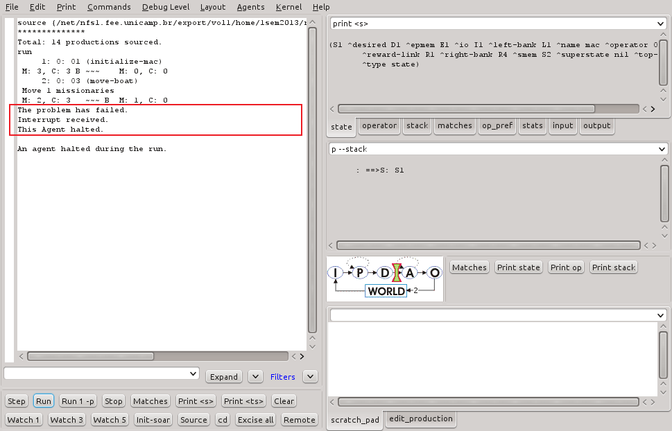 Figura 6 - Execução do programa Missionário e Canibais com deteção de estado inválido no SoarDebugger